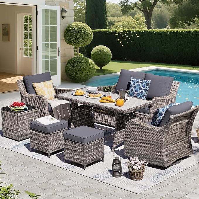 MEISSALIVVE 7 Pieces Outdoor Patio Furniture Set with Swivel Chairs, Wicker Patio Conversation Set, Patio Sectional Furniture Set with with Loveseat, 2 Ottomans and Dining Table (Grey)