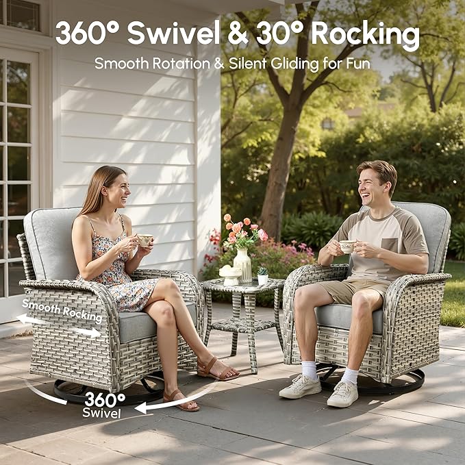Patio Furniture Set,9 Pieces Outdoor Wicker Conversation Sets with 42 in Fire Pit Table,2 Wicker Rocking Chair & Coffee Table,Outdoor Sectional Sofa for Balcony Backyard Poolside Garden Lawn(Gray)