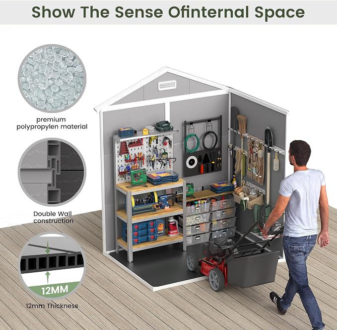 Amopatio Outdoor Storage Shed with Floor, 8x10 FT Lockable Plastic Tool Shed with Ventilation, Waterproof Resin Garden Sheds for Backyard, Patio, Lawn and Bike Grey - Image 7