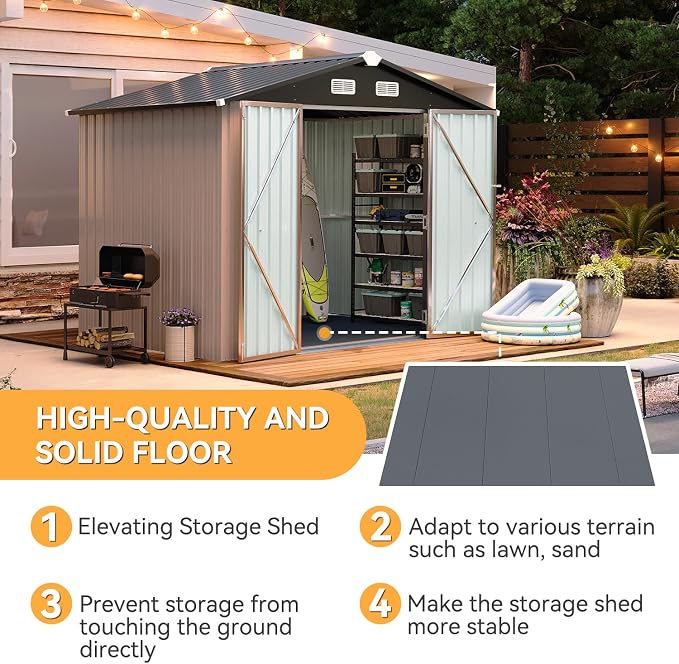 Aoxun 8x6FT Shed with Floor Galvanized Steel Outdoor Storage Shed Metal Garden Shed with Double Doors, Moisture-Proof Floor & Ventilation, Sloped Roof for Bike/Generator/Tool Storage (Brown) - Image 2