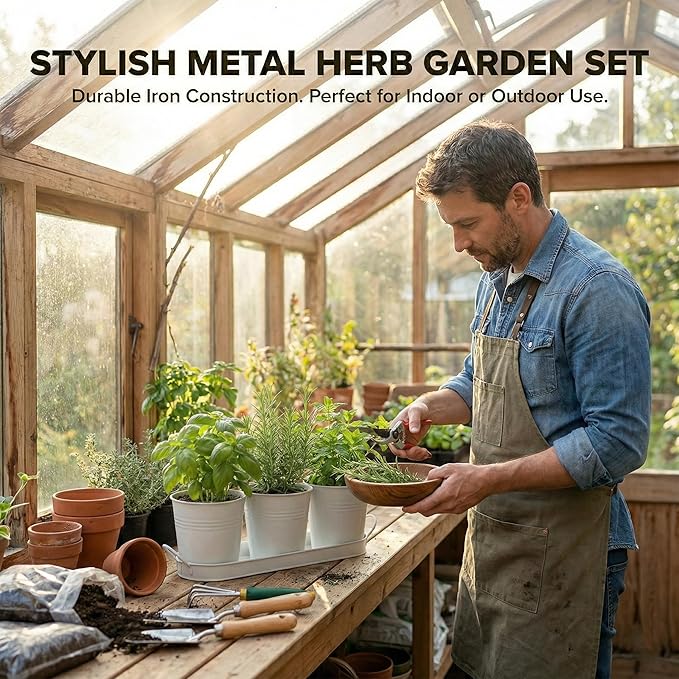 Herb Garden Planter Set ?€? 3-Pcs Set Galvanized Metal Herb Planters for Indoors Plants with Tray ?€? Indoor Plant Pots for Apartment Window, Balcony, Garden ?€? Potting Pots for Herbs and Flowers