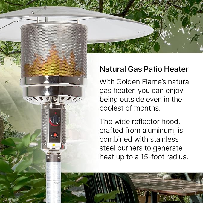Golden Flame XL-Series Natural Gas Patio Heater, 45,000 BTU, 89" Tall, Push-Button Ignition, Anti-Tilt Safety, Wheels, Hammered Silver/Pewter