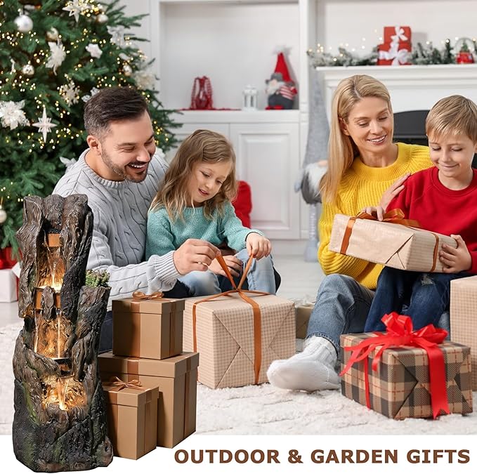43.7''H Water Fountain Outdoor, 4 Tiered Large Tree Trunk Outdoor Freestanding Cascading Waterfall with LED Lights, Floor-Standing Water Feature for Garden, Yard, Patio, Porch, Home Art Decor