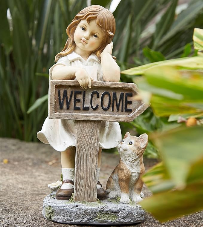 Girl Garden Statue with Solar LED Lights, Solar Girl Welcome Sign with Cat Garden Statue for Outdoor Decor, Porch, Patio, Yard Art Decorations, Polyresin 17.3 inch