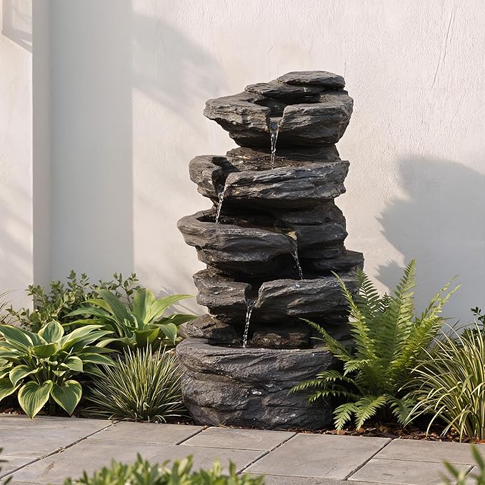 19.7" Tall Outdoor Water Fountain, 5 Tier Cascading Bowls and Stacked Water Fountain with LED Lights, for Yard Décor, Backyard, Patio and Deck (19.7'')