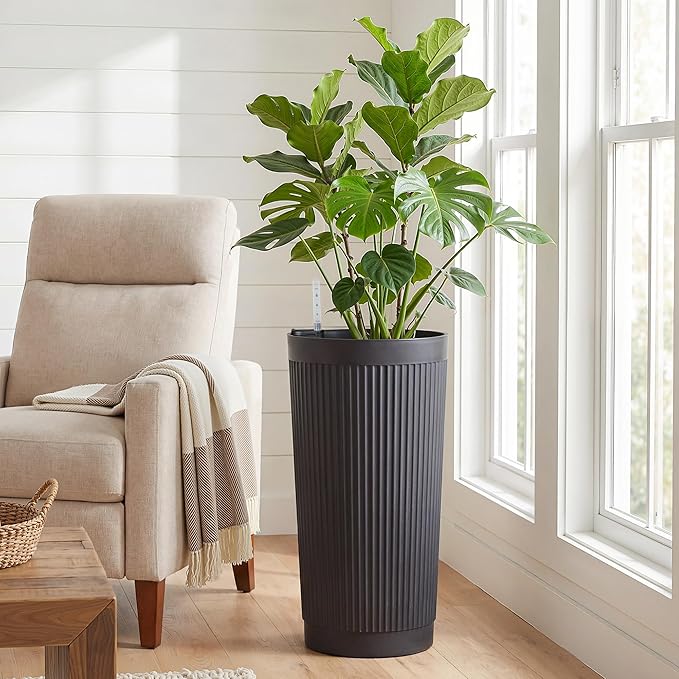 Self-Watering 24in Plastic Round Planter with Vertical Ribbed Design – Indoor Outdoor Flower Pot for Plants, Herbs, and Small Trees, Set of 2