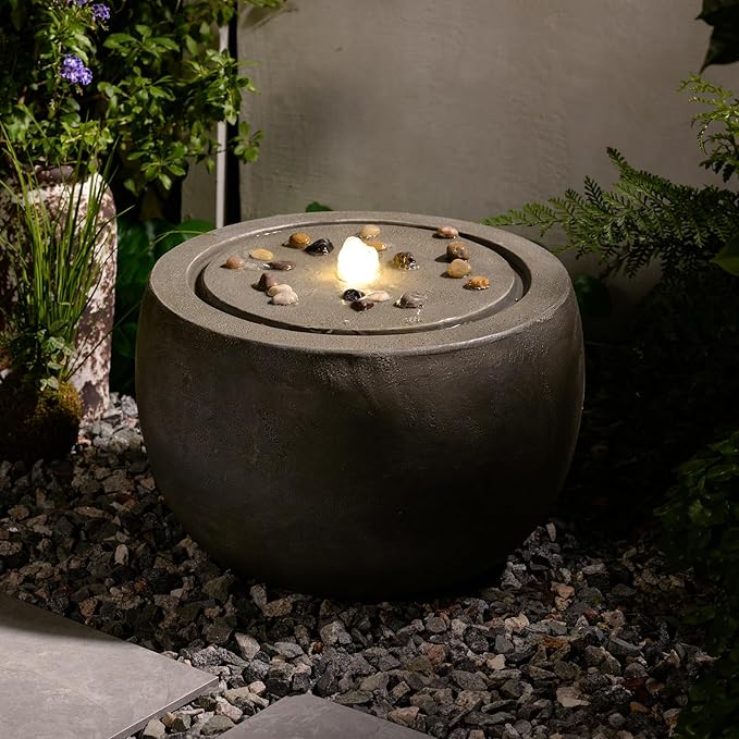 Garden Medium Water Fountain Outdoor Bubbler Water Feature Indoor with Lights & Pump and Pebbles Waterfall Fountains for Patio Deck Yard Home Decor Gray, 18 "L x 18" W x 11.5" H