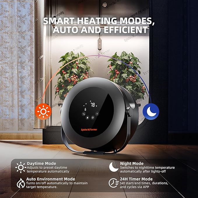 Spider Farmer Grow Tent Heater,530W Portable Heater with Smart Temperature Control, 4 Modes & 24H Timer, 10-Level PTC Heating & Extension Hose for Plant Rooms,Greenhouse, and Grow Tents