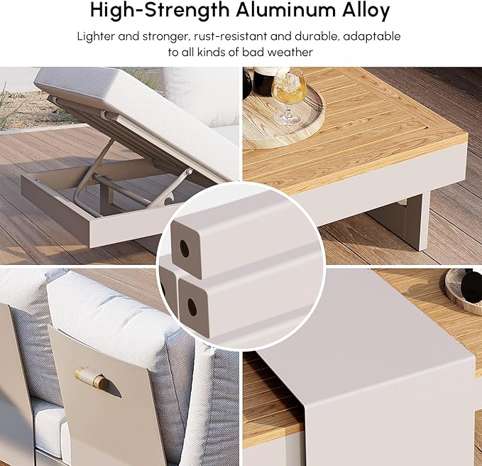 homary 6 Piece Aluminum & Teak Outdoor Sofa Set, Patio Conversation Sets Modular Outdoor Sofa with Covers, Waterproof, Fade Resistant Cushions Ideal for Patios & Balconies, Light Gray
