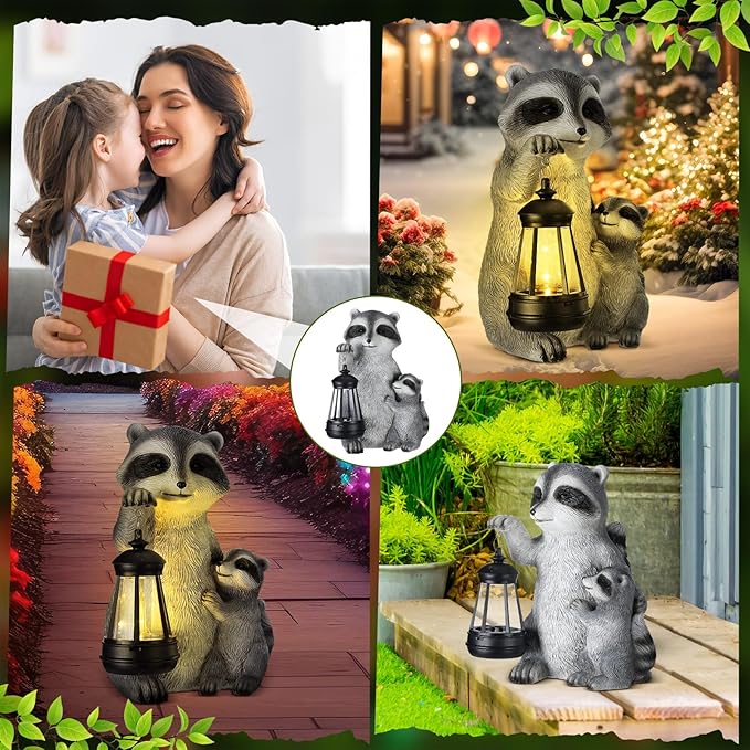 Pinkunn 9.5 Inch Solar Raccoon Family Garden Statues with LED Lights Home Decorations Outdoor Garden Raccoon Statue for Patio Balcony Yard Lawn Ornament Housewarming Birthday Gifts for Women