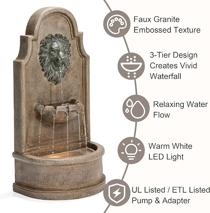 Glitzhome 3-Tier Outdoor Water Fountain with LED Light, Oversized Vintage European Style Lion Head Waterfall Fountains, Rustic Faux Granite Fountain for Garden Patio Deck Porch, 31.75”H