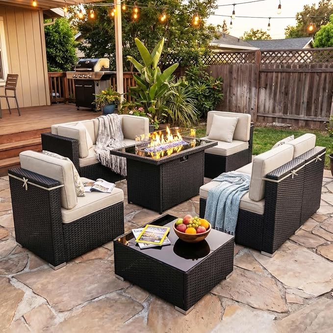 8 Pieces Patio Furniture Set with 44" Propane Gas Fire Pit Table, Outdoor Sectional Wicker Conversation Sofa Sets with Coffee Table