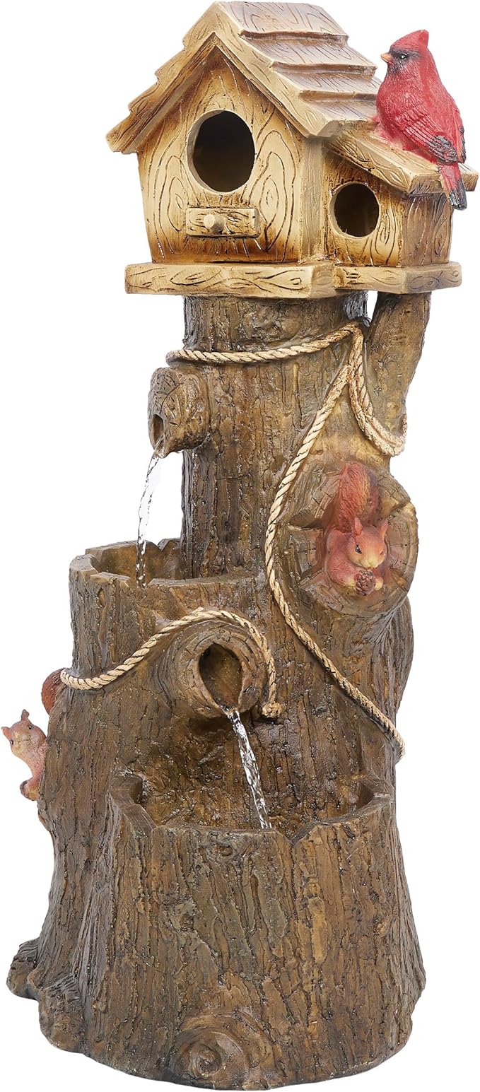 Alpine Corporation ZEN552 Outdoor Multitiered Birdhouse with Cardinal and Squirrels Water Floor Fountain for Patios, Gardens, and Yard Decor, 24" H, Brown