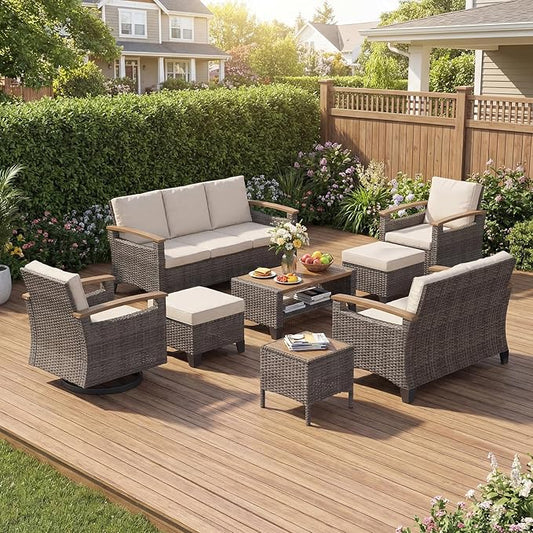 MELLCOM 8 Piece Patio Furniture Set, Wicker Patio Conversation Set with Swivel Glider, Loveseat Sofa, 3 Seat Sofa, 2 Ottomans, Side Table and Coffee Table for Deck Backyard - Brown Wicker Grey Cushion
