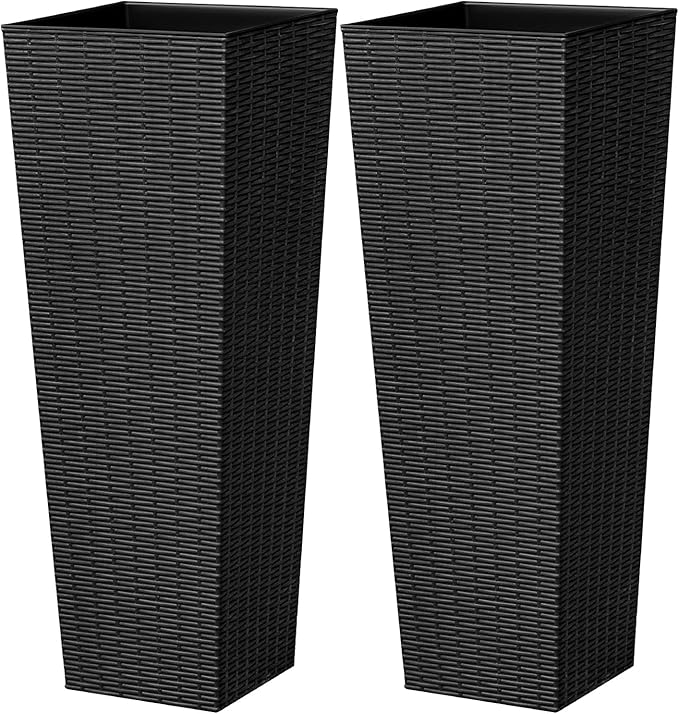 32 Inch Tall Plastic Planters(Set of 2), Detachable Inner Pot & Drainage Holes, Outdoor Decorative Flower Pots for Large Plants, Trees, Patio, and Garden, Black