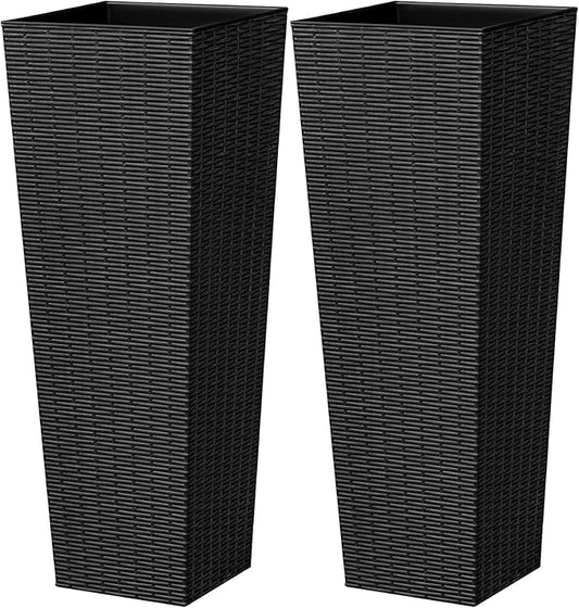 32 Inch Tall Plastic Planters(Set of 2), Detachable Inner Pot & Drainage Holes, Outdoor Decorative Flower Pots for Large Plants, Trees, Patio, and Garden, Black