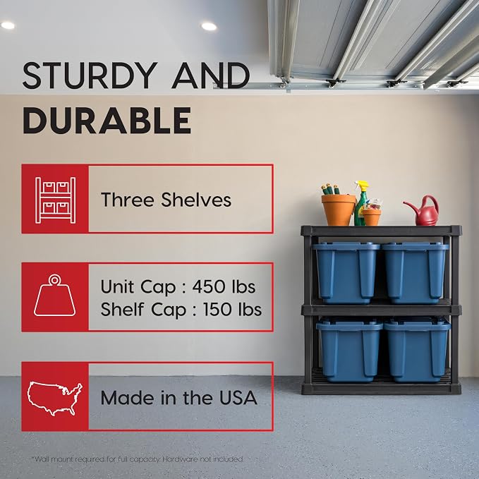IRIS USA 3-Shelf Heavy Duty Plastic Storage Shelves, 450lb Capacity, 38" H x 36" W x 18" D, Large Modular Shelving Unit Storage Organizer for Garage, Home, Warehouse & Gym, Storage Rack - Black - Image 3