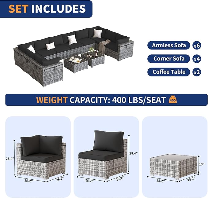 Patio Furniture Set, 12-Piece Outdoor Sectional with Waterproof Cover, All-Weather Wicker Patio Conversation Sets for Backyard (Grey with Black Cushion)