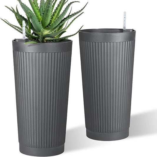 Self-Watering 24in Plastic Round Planter with Vertical Ribbed Design – Indoor Outdoor Flower Pot for Plants, Herbs, and Small Trees, Set of 2