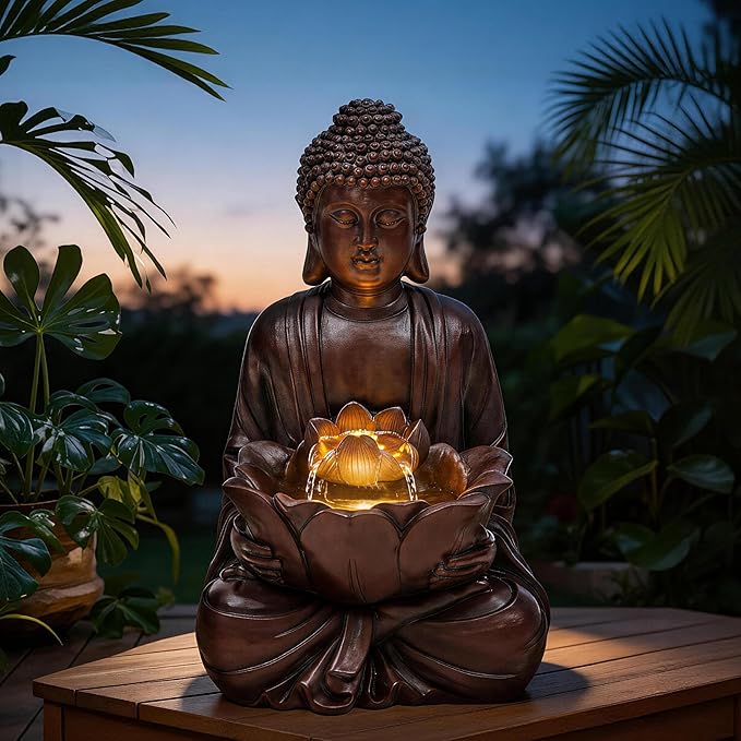 18.9" H Buddha Outdoor Water Fountain, Zen Style Garden Fountain with LED Lights and Pump, Relaxing Waterfall for Patio, Porch, or Yard Decor, Faux Bronze