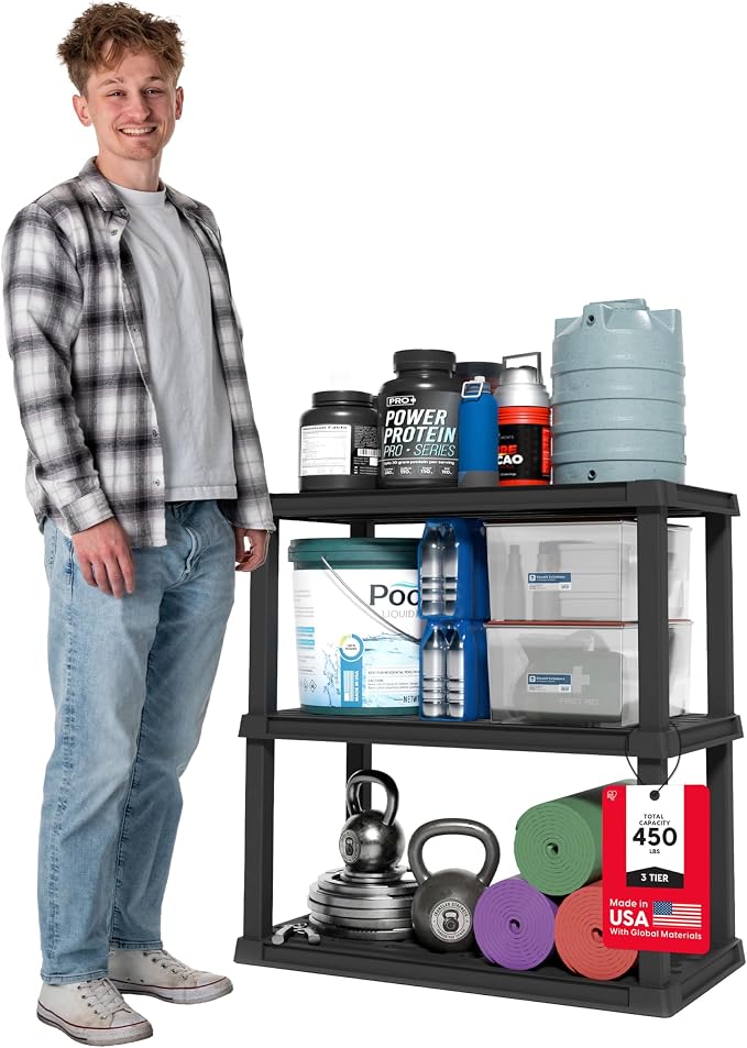 IRIS USA 3-Shelf Heavy Duty Plastic Storage Shelves, 450lb Capacity, 38" H x 36" W x 18" D, Large Modular Shelving Unit Storage Organizer for Garage, Home, Warehouse & Gym, Storage Rack - Black by IRISUSA