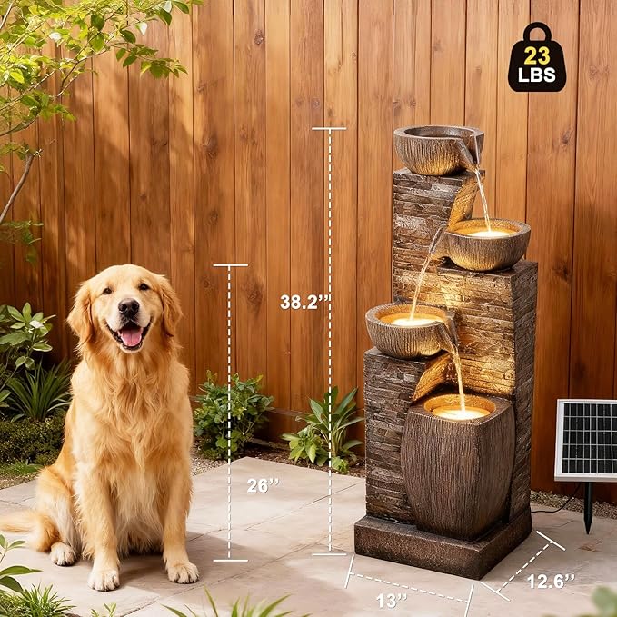 38.2" Tall Solar Water Fountain Outdoor Garden,Stone Texture Modern 4 Tiers Cascading Bowls Garden Fountains Outdoor,Suit for Patio, Deck, Porch, Lawns, Backyard and Home Art Decor