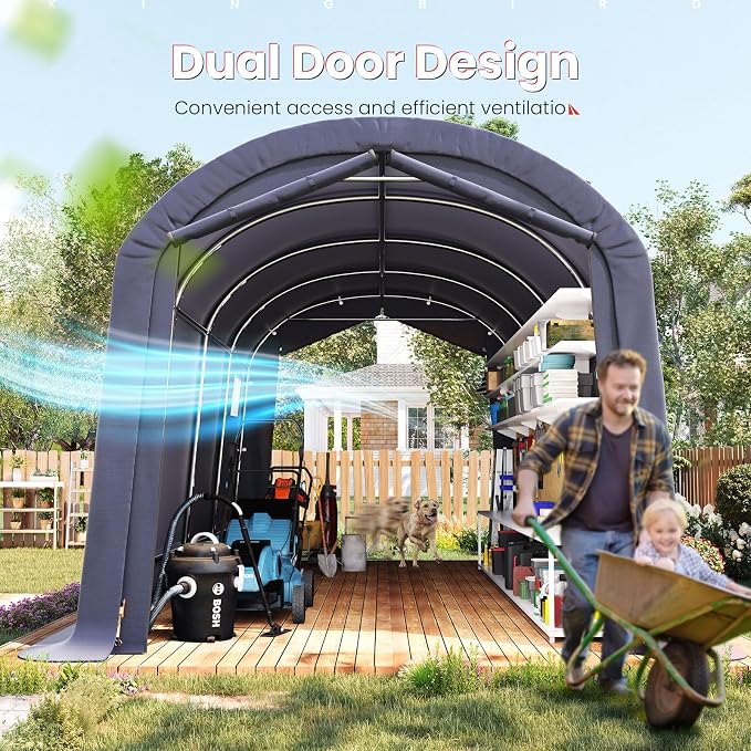 KING BIRD 10' x 20' Round Style Garage Shelter with Roll-up Ventilated Windows Heavy Duty Storage Carport Portable Canopy Storage Shelter Shed for Boat, Patio Furniture and Lawn Mower-Dark Gray - Image 4