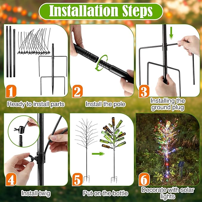 Meonum Solar Light Bottle Tree, 61" Metal Garden Sculpture for Yard & Patio Decor, Colorful Outdoor Wine Holder for Garden & Lawn Decoration, Holds 24 Glass Containers(Black)