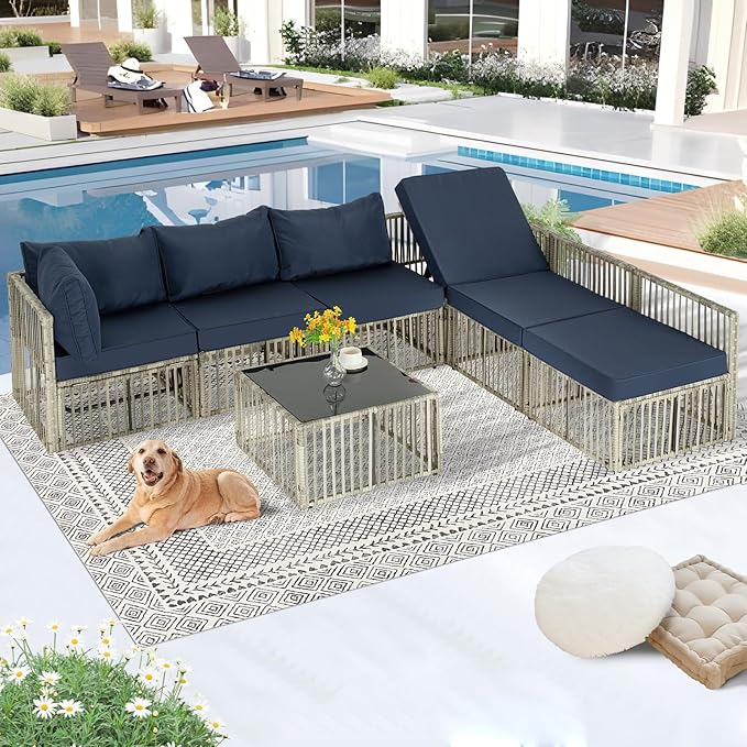 FHFO 7 Pieces Outdoor Patio Furniture Set, Wicker Outdoor Sectional Conversation Couch Set with Adjustable Backrest Sofa, Thick Cushion & Coffee Table for Garden, Porch, Poolside, Grey/Blue