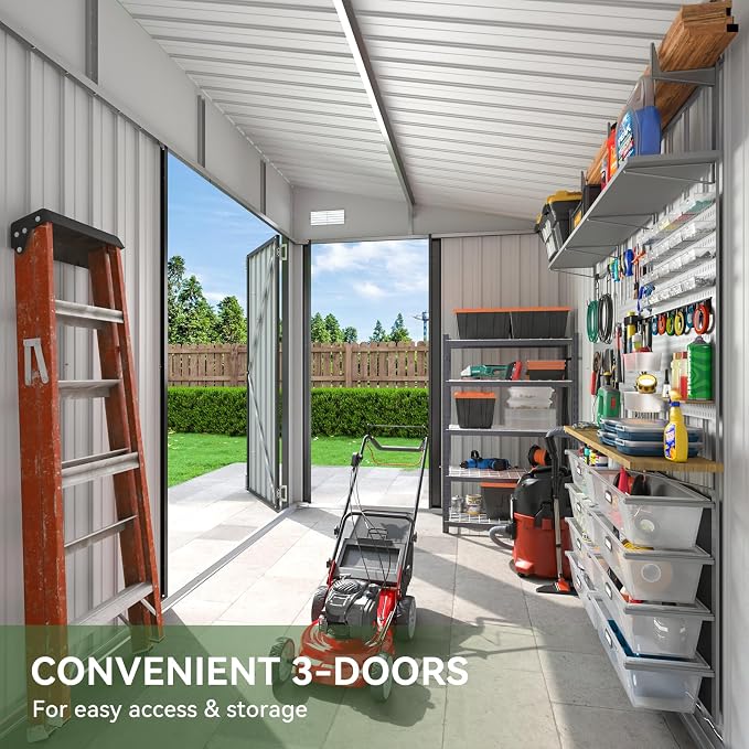 Aoxun 7'x4' 3-Lockable Door Metal Storage Shed, Metal Outdoor Garden Shed - Elevated Height & Sloped Roof Design for Bicycle, Tool, Snow Blower Storage (Black) - Image 4