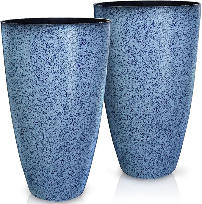 2 Pcs Pack 21 Inches Plastic Resin Tall Tapered Planter Pots Large Round Planter Flower Pot with Drainage Holes for Indoor Outdoor Deck Porch Garden Home Patio Front Door (Blue, L)