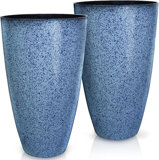 2 Pcs Pack 21 Inches Plastic Resin Tall Tapered Planter Pots Large Round Planter Flower Pot with Drainage Holes for Indoor Outdoor Deck Porch Garden Home Patio Front Door (Blue, L)