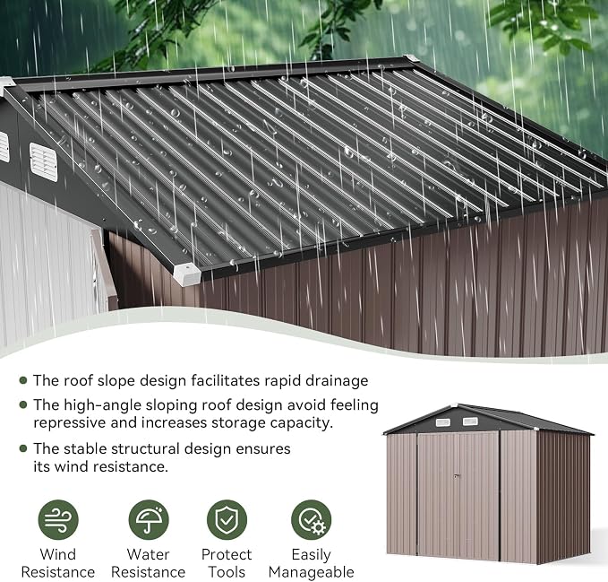 Aoxun 8x6 FT Outdoor Storage Shed Garden Metal Shed with Lockable Door Outdoor Large Shed for Tool, Garbage Can, Bike, Mower, Brown - Image 4