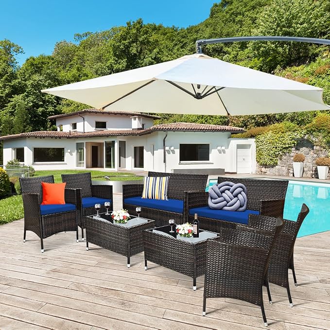 8 Pieces Patio Sofa Set, Wicker Conversation Set with Ergonomic Curved Backrest, Water-Resistant Cushion & Tempered Glass Table for Balcony, Porch (Navy Blue)