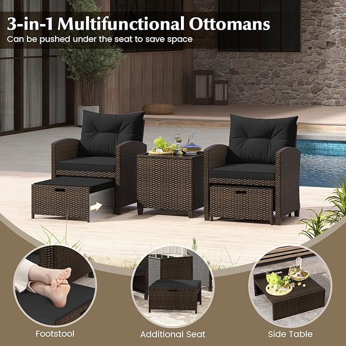 KOTEK 5 Pieces Patio Furniture Set with Ottomans, Wicker Patio Conversation Set with Coffee Table & Cushions, PE Rattan Outdoor Lounge Chairs for Backyard, Porch, Poolside (Mix Brown- Black)