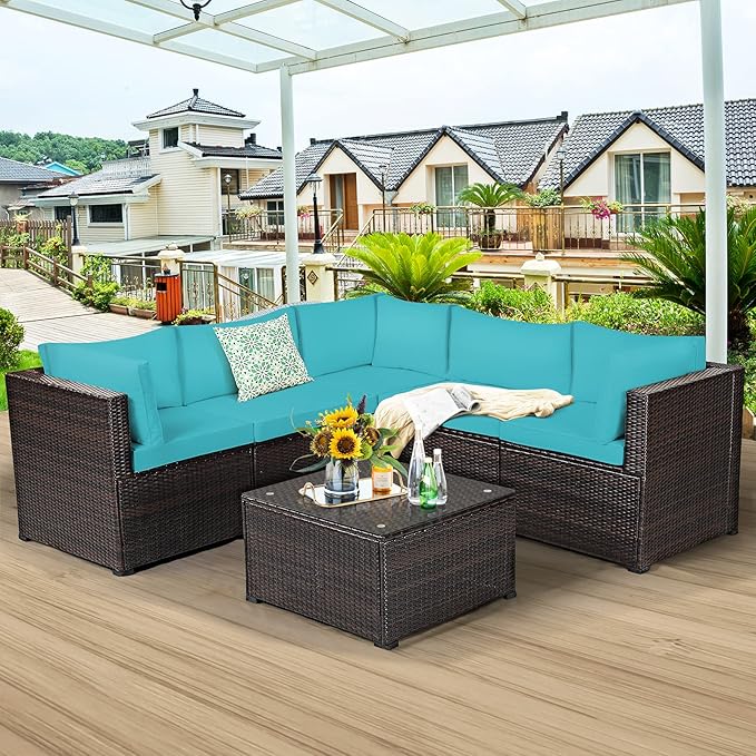 Tangkula 6 Pieces Patio Furniture Set, Outdoor Rattan Sofa Set, Wicker Conversation Set w/Tempered Glass Coffee Table & Cushions, Sectional Sofa Set for Backyard, Garden, Balcony, Poolside
