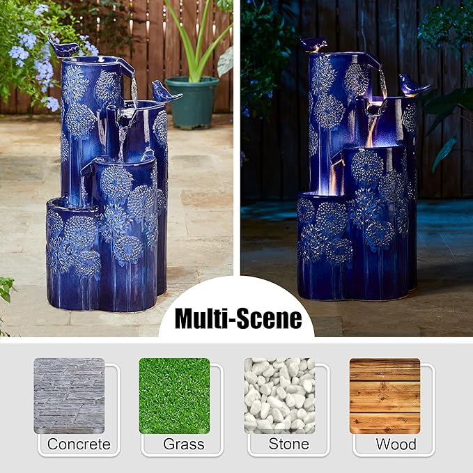 Glitzhome Water Fountain Outdoor with LED Lights, 4-Tier Vase Shaped Ceramic Outdoor Fountain, Dandelion Glaze Water Fountains Feature for Garden Backyard Patio, Cobalt Blue, 31.7”H