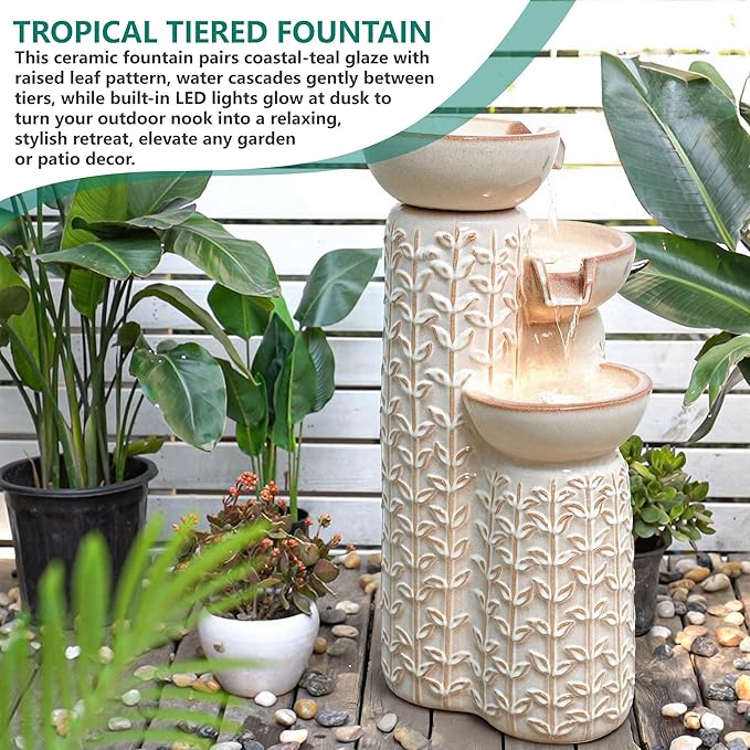 28" H Ceramic Outdoor Water Fountain with LED Lights, 3-Tier Cascading Bowls Water Feature, Tranquil Waterfall for Relaxing Garden, Patio, Yard, or Porch, Beige Glaze, Embossed Leaf Patterns