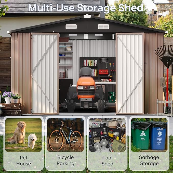 10x12FT Outdoor Storage Shed, Metal Garden Tool Shed with Sloping Roof & Lockable Door for Patio Lawn Backyard (Brown, 10x12FT) - Image 4