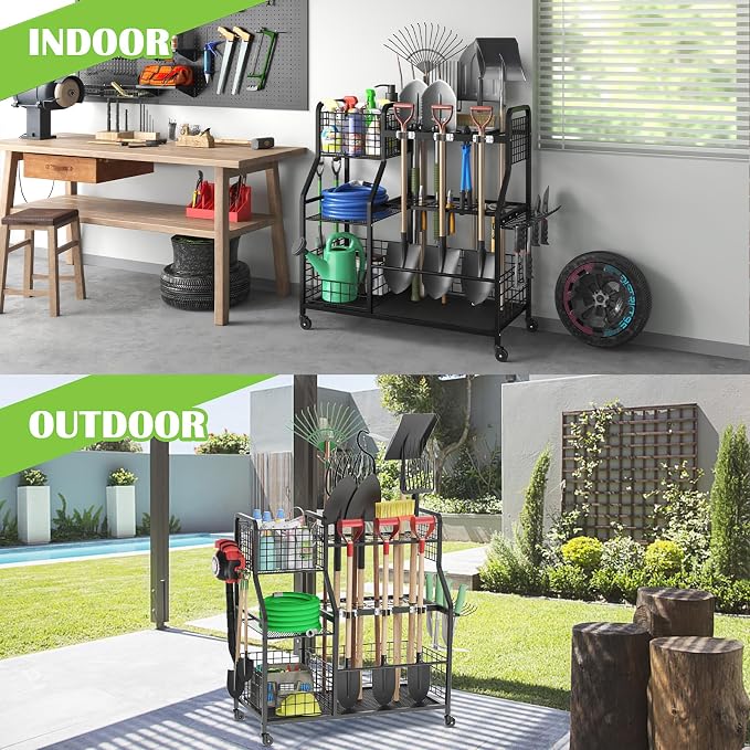 keomaisyto Garden Tool Organizer with Heavy Duty Wheels for Garage - with 2 Baskets, Large Yard Tool Organizer and Storage Holder, Utility Garden Tool Rack for/Shed/Garage/Yard/Basement/Lawn - Image 7