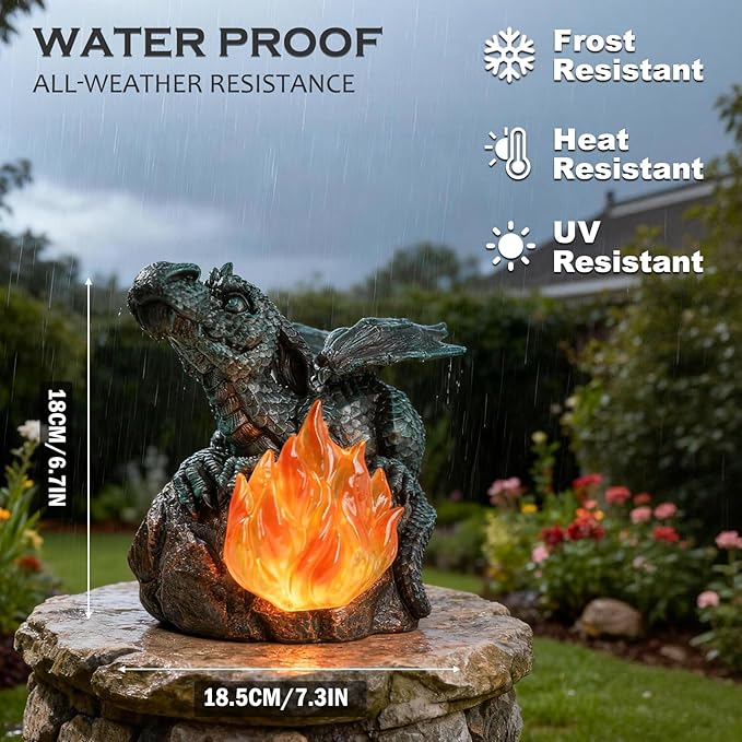 Solar Dragon Garden Decor, Porch Dragon Statue with Fiery Light - 6.8 inch Lawn Ornaments, Outdoor Decorative Art Gift for Patio, Yard, Backyard, Porch