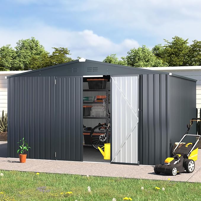 AECOJOY 12' x 12' Outdoor Storage Shed, Dark Grey Large Metal Sheds & Outdoor Storage Clearance Steel Yard Shed with Lockable Doors, Utility and Tool Storage Garden Shed for Backyard - Image 4