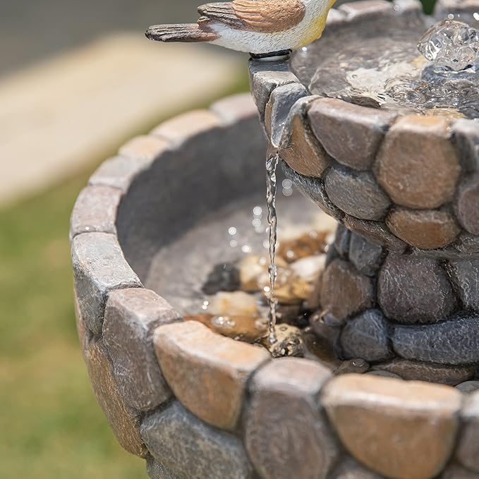 Glitzhome 2-Tier Stone Like Outdoor Water Fountain with Birds, Bird Bath Outdoor Waterfall Fountain Decor, Freestanding Water Fountains with Pump for Garden Yard Patio Porch, 24.41”H