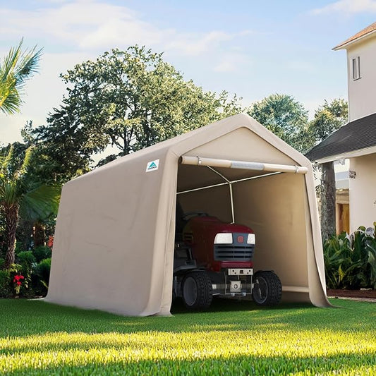 ADVANCE OUTDOOR 8x14 ft Steel Metal Peak Roof Portable Garage Shelter Storage Shed Carport for Motorcycle, Bike or Garden Tools with 2 Roll up Doors & Vents, Beige by ADVANCEOUTDOOR