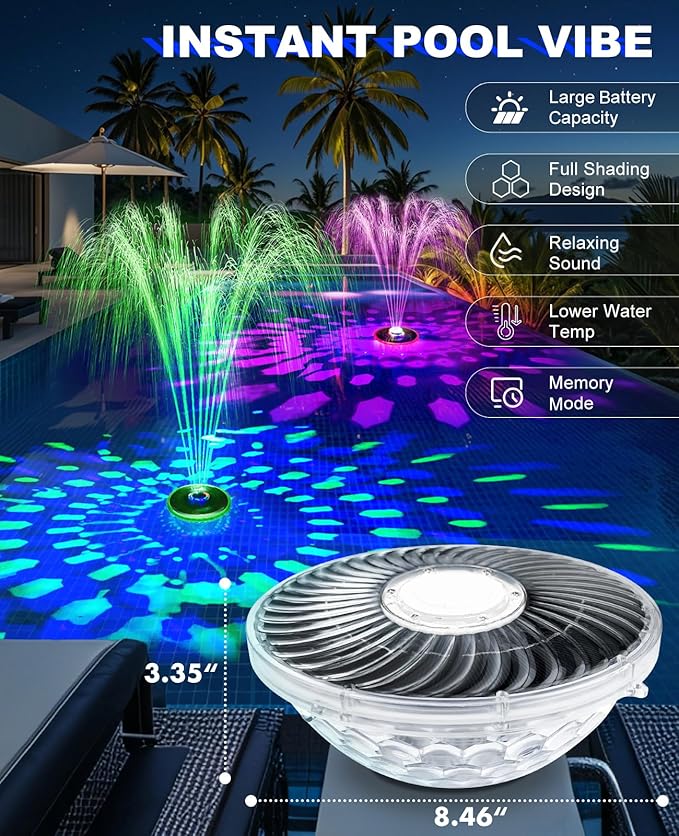 Solar Pool Fountain with Light Show,2026 Upgraded Large Solar Pool Water Fountain,Floating Pool Fountain for Above Ground Pool,Solar Floating Fountain Pump for Pool (Gray)-1PK