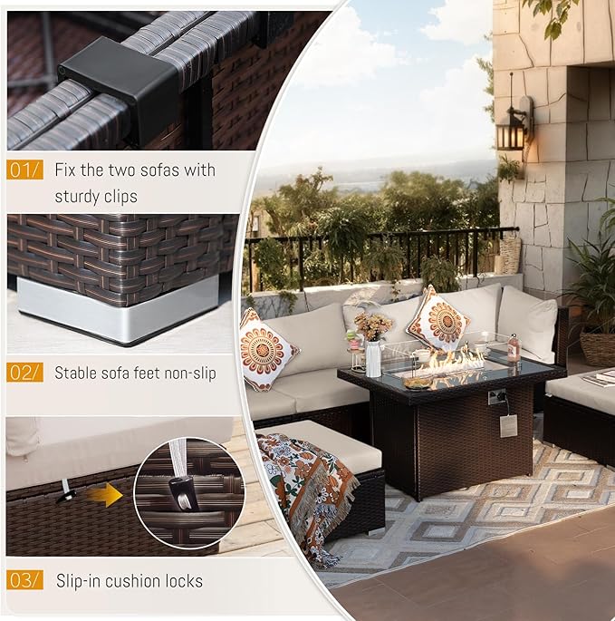 BULEXYARD 13 Piece High Back Wicker Patio Furniture Sets with Fire Pit, All-Weather Heavy Duty Outdoor Seating Set Modular, Extra Deep Wide 12-Person Sectional Couch Sofa for Backyard, Brown & Beige