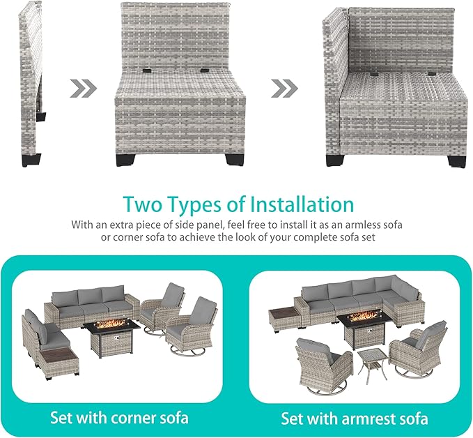 10-Piece Outdoor Patio Furniture Set with Rocking Swivel Chair, PE Wicker Rattan Sectional Sofa Patio Conversation Set with 55,000 BTU Fire Pit Table & Coffee Table, Grey