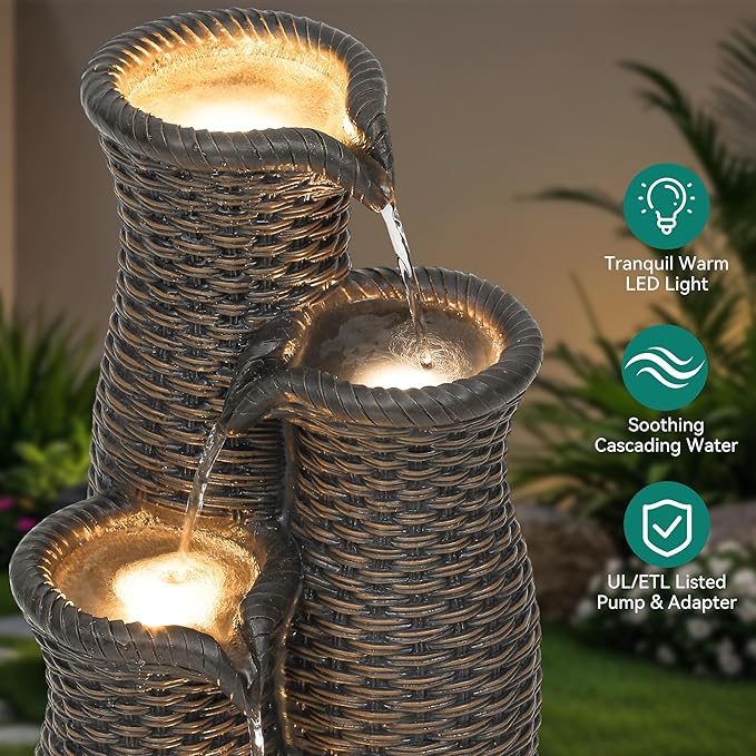 Wicker-Look Outdoor Water Fountain with Lights, 33" Tall 5-Tier Rattan Vase Cascading Waterfall Feature with Soothing White Noise for Patio Garden Backyard Porch Decor & Relaxation