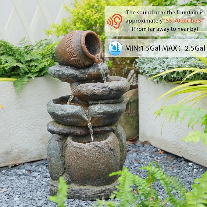 Outdoor Rock Garden Water Fountain for Garden, Patio, Backyard, Deck, Porch and Office, Living Room Home Art Decor, 3 Tiers Natural Cascading Outdoor Fountain with LED Lights 11“x9”x22