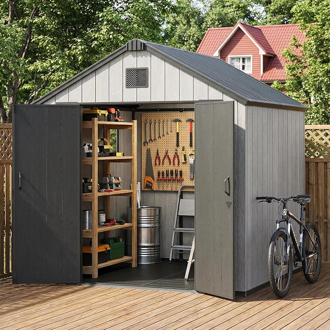 Jocoevol Outdoor Storage Shed, 8x8FT Resin Shed with Floor/Windows/Lockable Door/Vents, 15mm Thickened Heavy Duty All-Weather Garden Tool Shed for Backyard, Patio, Lawn, Gray - Image 8